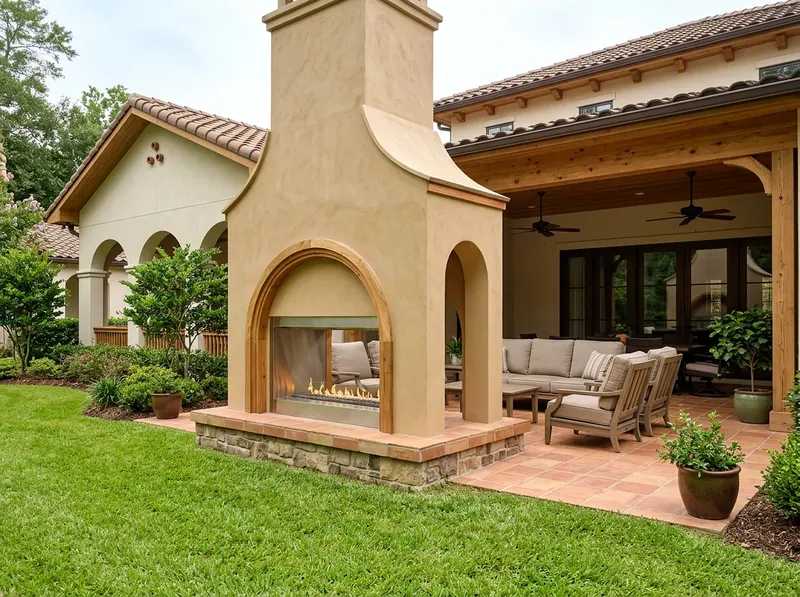 Large Natural cedar Linear gas Mediterranean fireplace