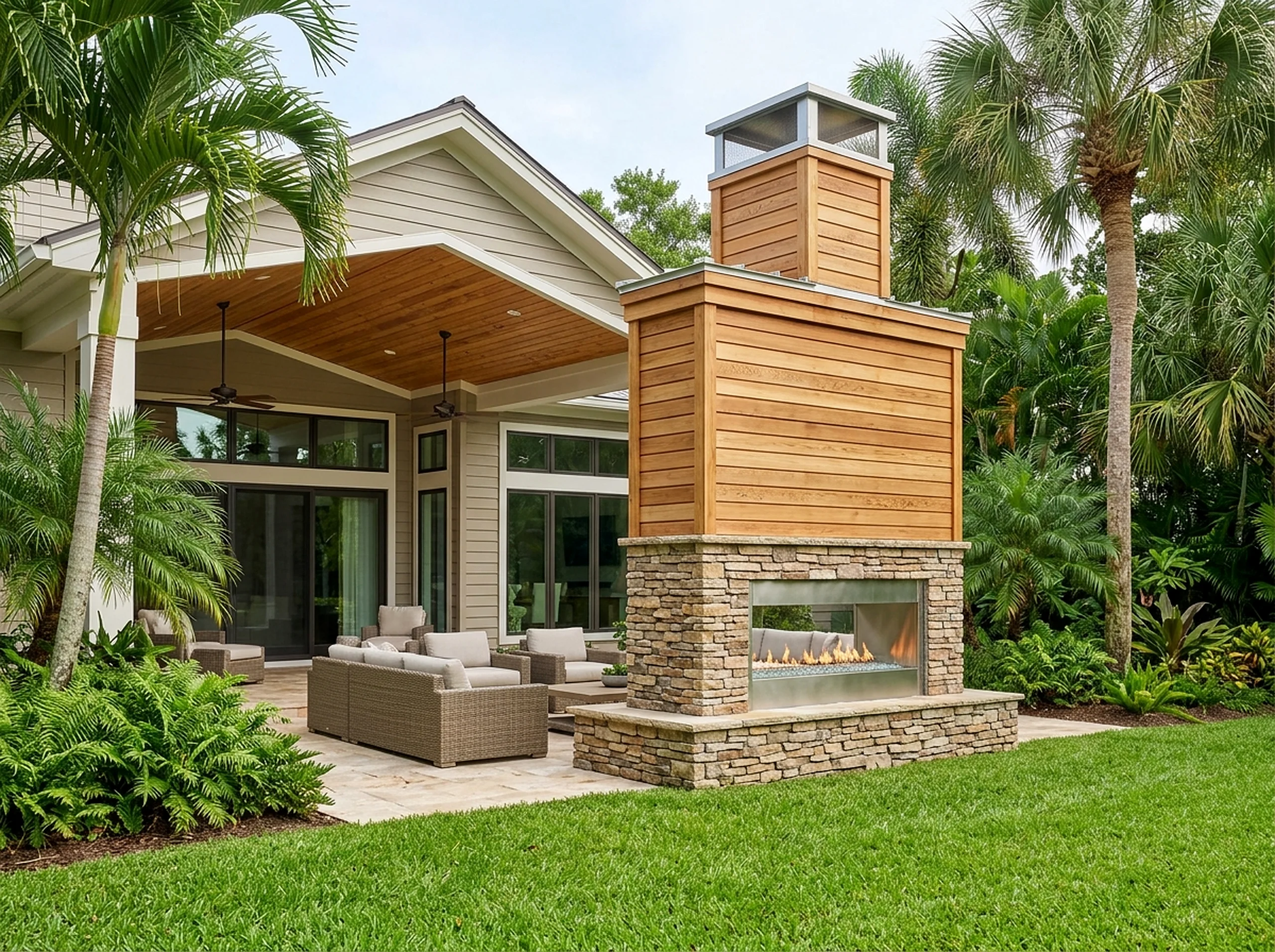 Large Natural cedar Linear gas Tropical fireplace