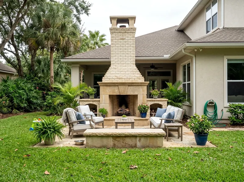 Compact Limestone Masonry Coastal fireplace