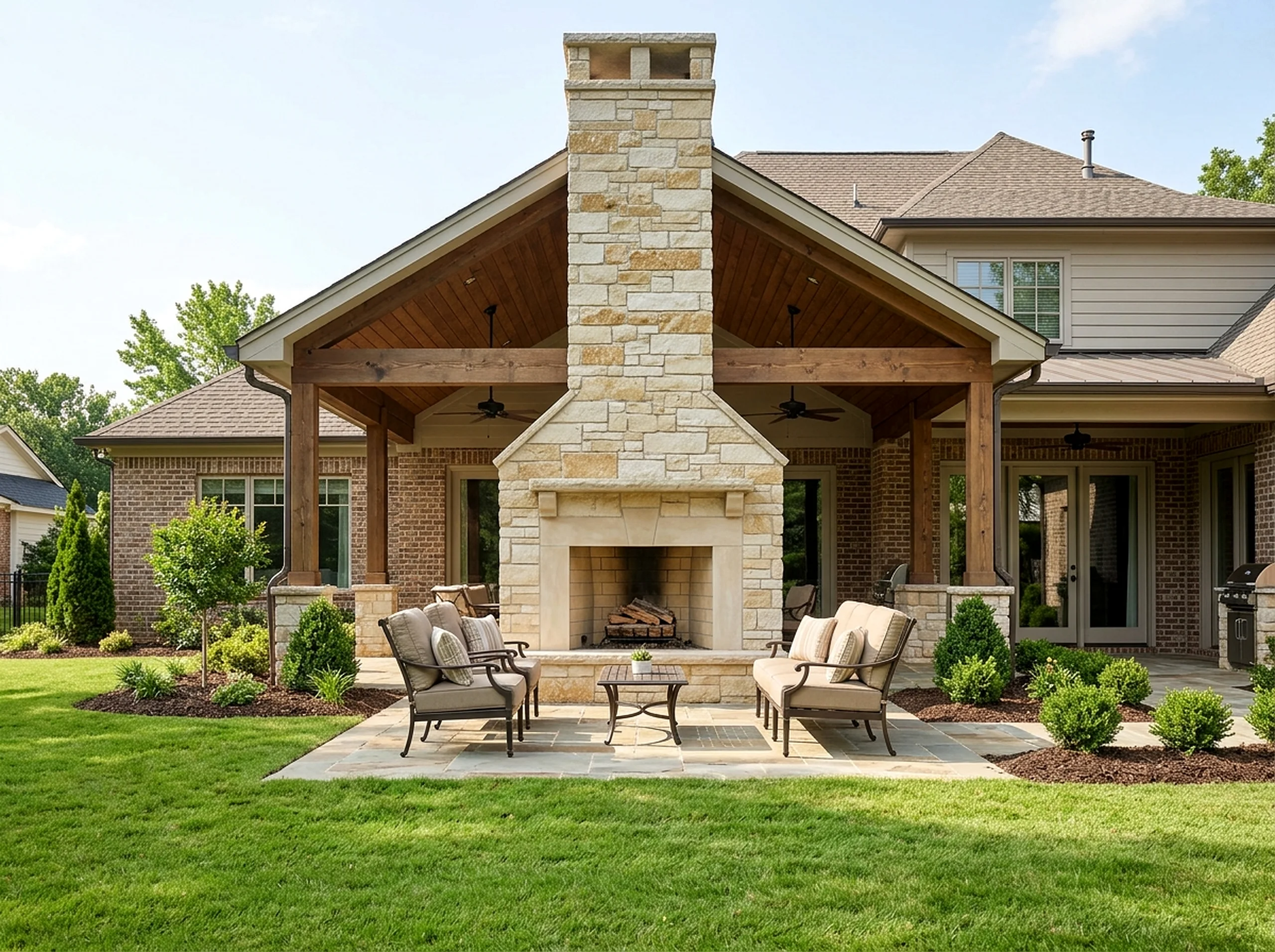 Compact Limestone Masonry Luxury Resort fireplace