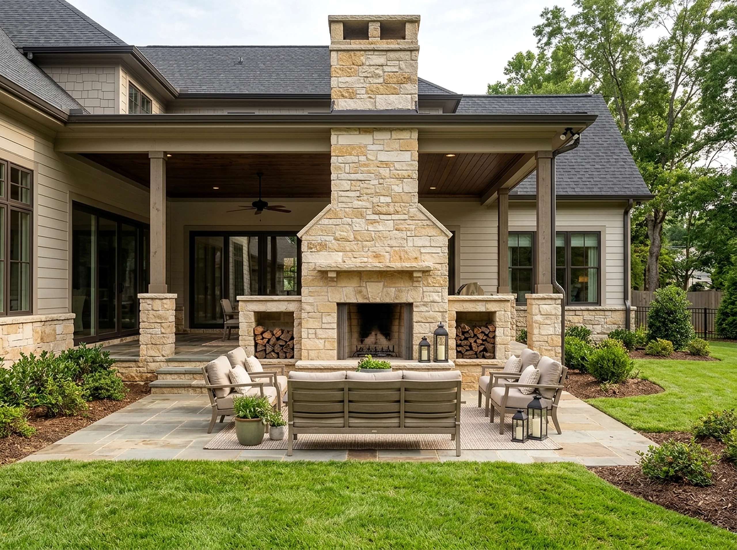 Compact Limestone Masonry Modern fireplace