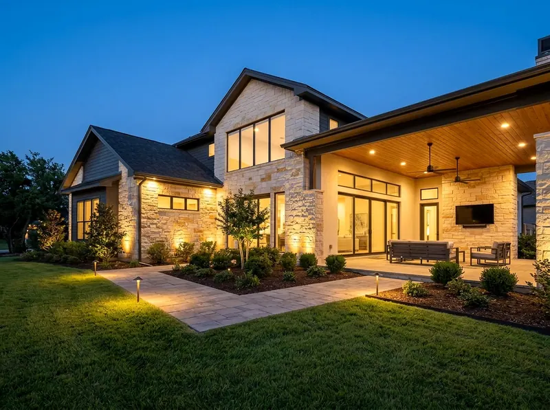 2 zones Limestone Path and accent Modern outdoor lighting