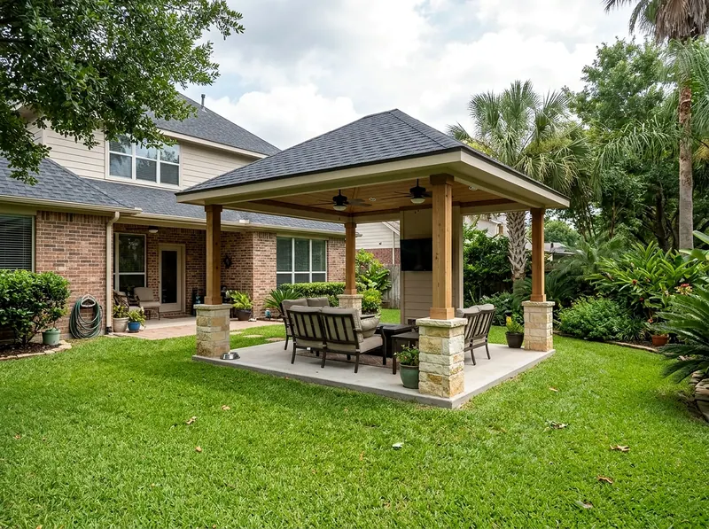 10×12 ft Limestone Insulated Tropical Hip Freestanding patio cover