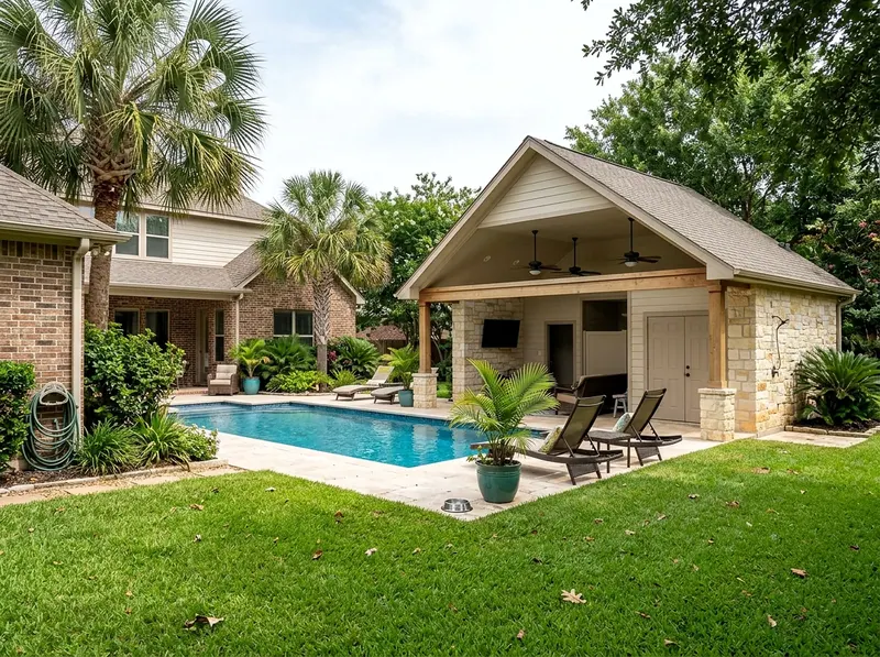 Large yard Limestone Open Tropical pool house