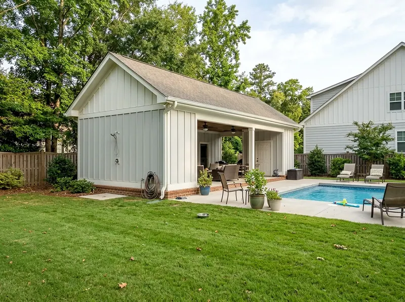Family yard White Open Modern Farmhouse pool house