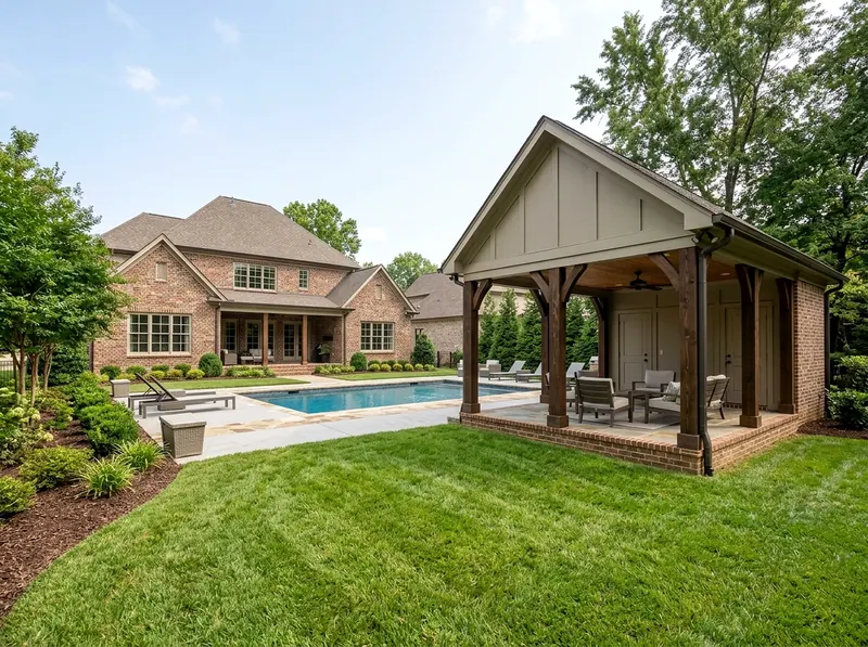 Family yard Charcoal Open Traditional pool house