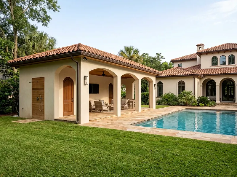 Large yard Natural cedar With a bath Mediterranean pool house