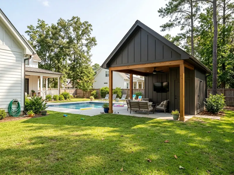Family yard Charcoal With a bath Farmhouse pool house