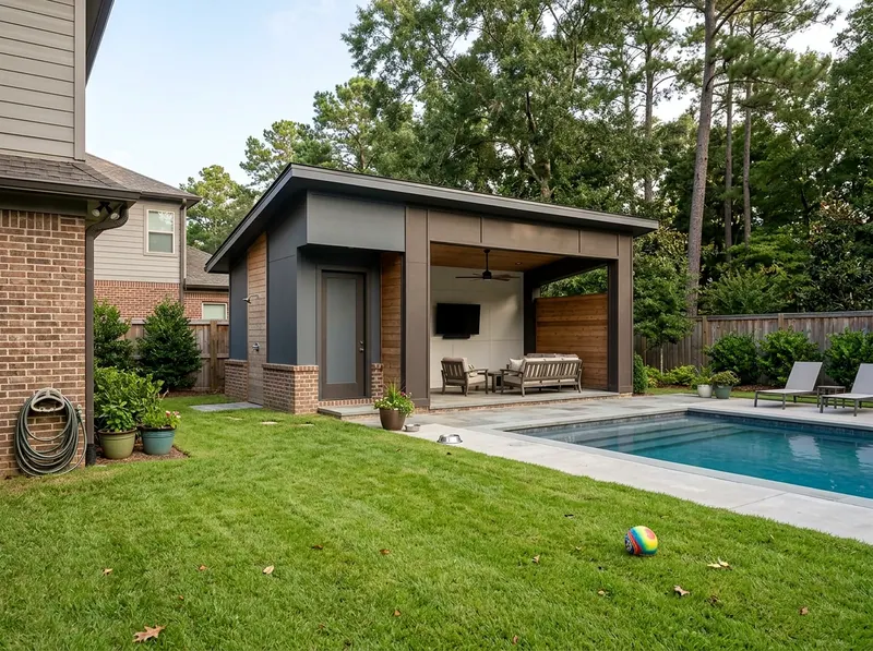 Smaller yard Charcoal With a bath Modern pool house