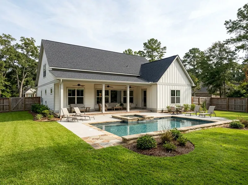 Family yard White Value finish Modern Farmhouse shotcrete pool